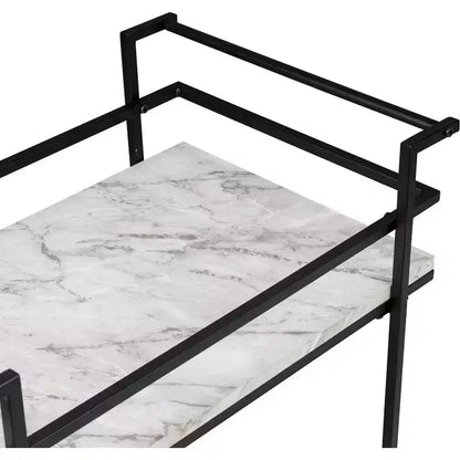 Honey-Can-Do Chariot de bar à 2 niveaux en faux marbre : Chariot de service roulant d'intérieur avec structure en acier, Noir, 2 étagères fixes