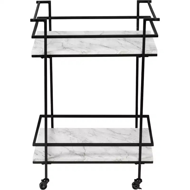 Honey-Can-Do Chariot de bar à 2 niveaux en faux marbre : Chariot de service roulant d'intérieur avec structure en acier, Noir, 2 étagères fixes
