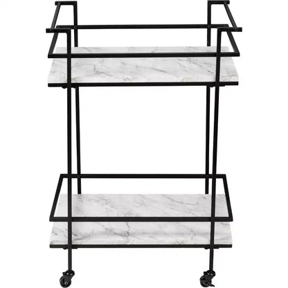 Honey-Can-Do Chariot de bar à 2 niveaux en faux marbre : Chariot de service roulant d'intérieur avec structure en acier, Noir, 2 étagères fixes