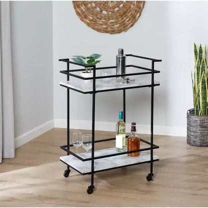 Honey-Can-Do Chariot de bar à 2 niveaux en faux marbre : Chariot de service roulant d'intérieur avec structure en acier, Noir, 2 étagères fixes