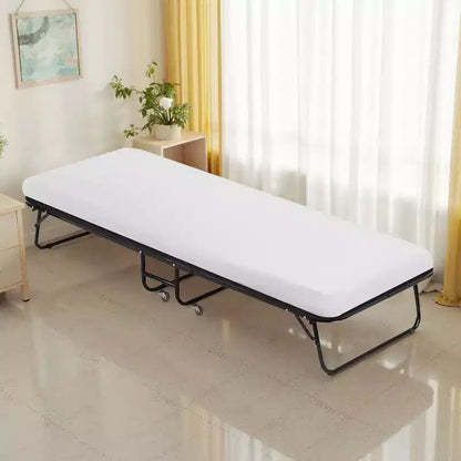FDW Lit pliant Lit d'appoint portable avec matelas confortable Robuste et roues intégrées, Blanc