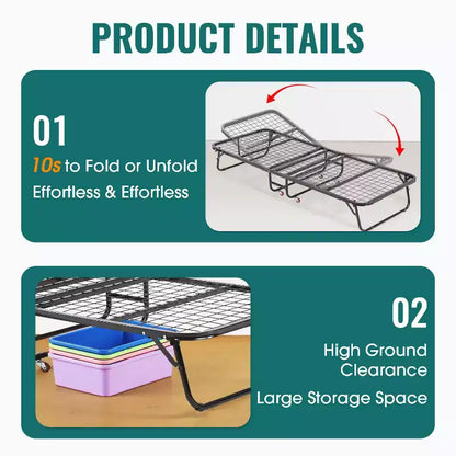 FDW Lit pliant Lit d'appoint portable avec matelas confortable Robuste et roues intégrées, Blanc