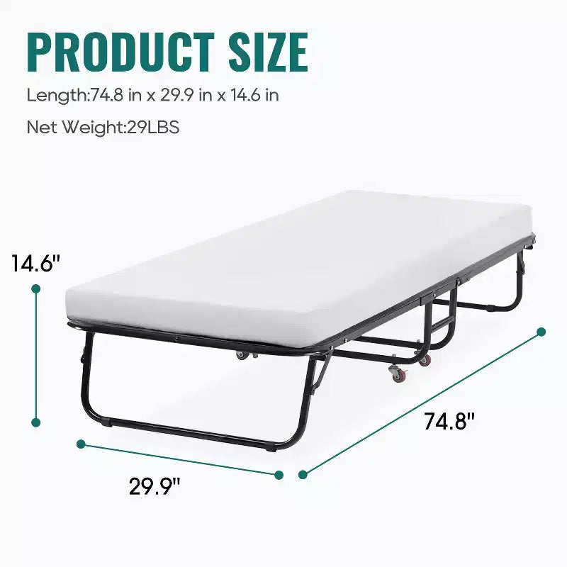 FDW Lit pliant Lit d'appoint portable avec matelas confortable Robuste et roues intégrées, Blanc