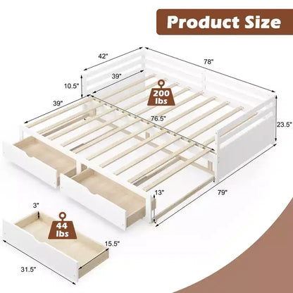 Lit de repos double Costway convertible en lit king-size avec 2 tiroirs, canapé-lit en bois pour chambre et salon, blanc/cerisier