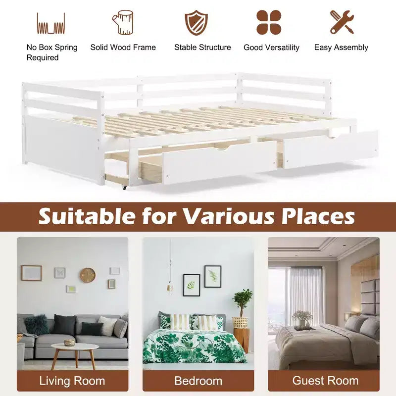 Lit de repos double Costway convertible en lit king-size avec 2 tiroirs, canapé-lit en bois pour chambre et salon, blanc/cerisier