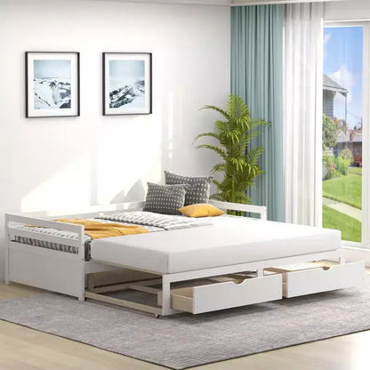 Lit de repos double Costway convertible en lit king-size avec 2 tiroirs, canapé-lit en bois pour chambre et salon, blanc/cerisier
