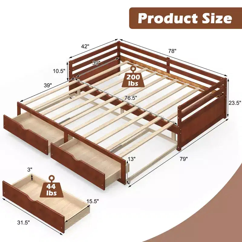 Lit de repos double Costway convertible en lit king-size avec 2 tiroirs, canapé-lit en bois pour chambre et salon, blanc/cerisier