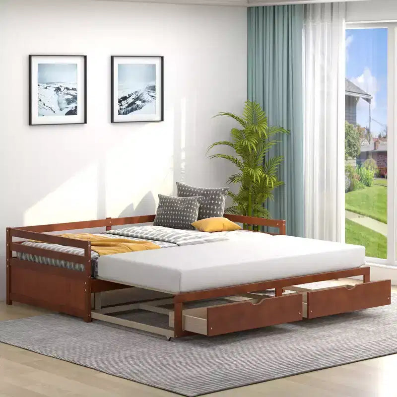 Lit de repos double Costway convertible en lit king-size avec 2 tiroirs, canapé-lit en bois pour chambre et salon, blanc/cerisier