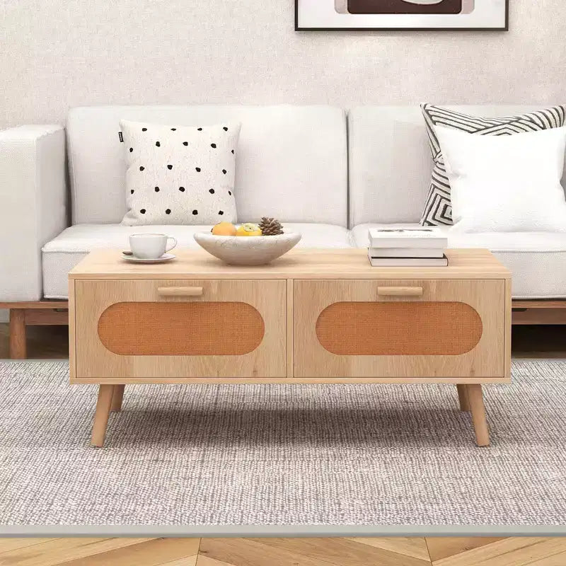 Table basse en rotin Costway, table centrale moderne du milieu du siècle avec 2 tiroirs de rangement