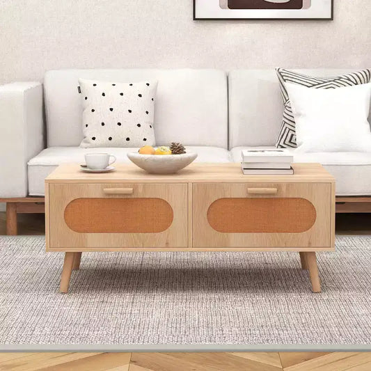 Table basse en rotin Costway, table centrale moderne du milieu du siècle avec 2 tiroirs de rangement