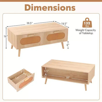 Table basse en rotin Costway, table centrale moderne du milieu du siècle avec 2 tiroirs de rangement
