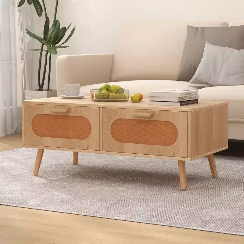 Table basse en rotin Costway, table centrale moderne du milieu du siècle avec 2 tiroirs de rangement