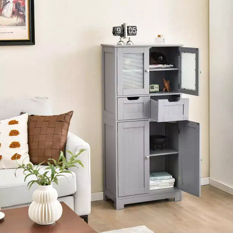 Meuble de rangement pour salle de bain Costway, Armoire de cuisine avec 2 tiroirs et portes vitrées Blanc/Gris/Noir