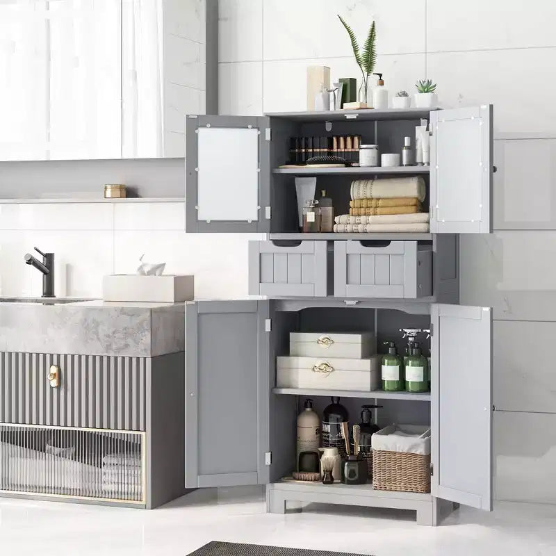 Meuble de rangement pour salle de bain Costway, Armoire de cuisine avec 2 tiroirs et portes vitrées Blanc/Gris/Noir