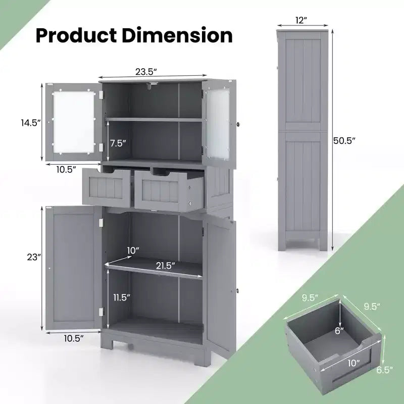 Meuble de rangement pour salle de bain Costway, Armoire de cuisine avec 2 tiroirs et portes vitrées Blanc/Gris/Noir