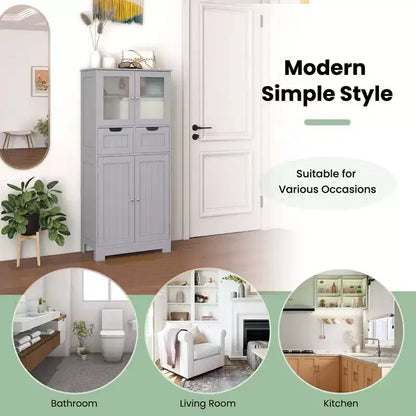 Meuble de rangement pour salle de bain Costway, Armoire de cuisine avec 2 tiroirs et portes vitrées Blanc/Gris/Noir