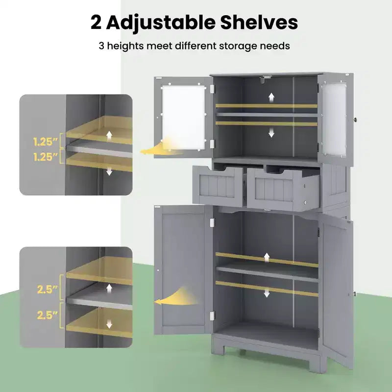 Meuble de rangement pour salle de bain Costway, Armoire de cuisine avec 2 tiroirs et portes vitrées Blanc/Gris/Noir