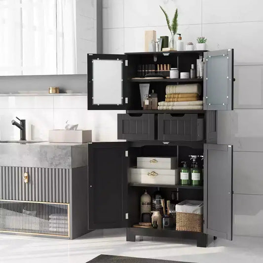 Meuble de rangement pour salle de bain Costway, Armoire de cuisine avec 2 tiroirs et portes vitrées Blanc/Gris/Noir