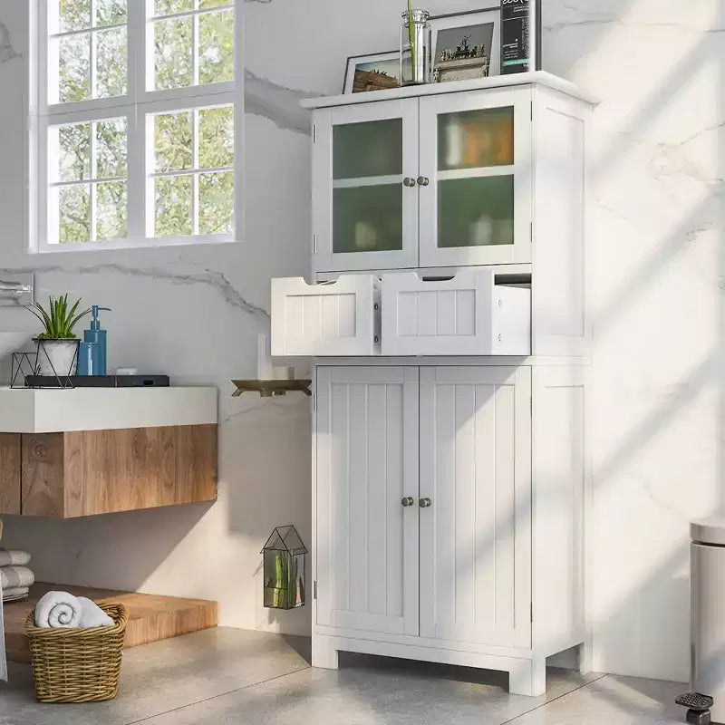 Meuble de rangement pour salle de bain Costway, Armoire de cuisine avec 2 tiroirs et portes vitrées Blanc/Gris/Noir
