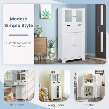 Meuble de rangement pour salle de bain Costway, Armoire de cuisine avec 2 tiroirs et portes vitrées Blanc/Gris/Noir