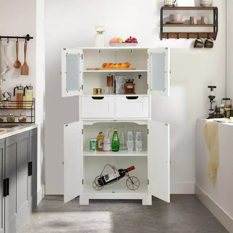 Meuble de rangement pour salle de bain Costway, Armoire de cuisine avec 2 tiroirs et portes vitrées Blanc/Gris/Noir