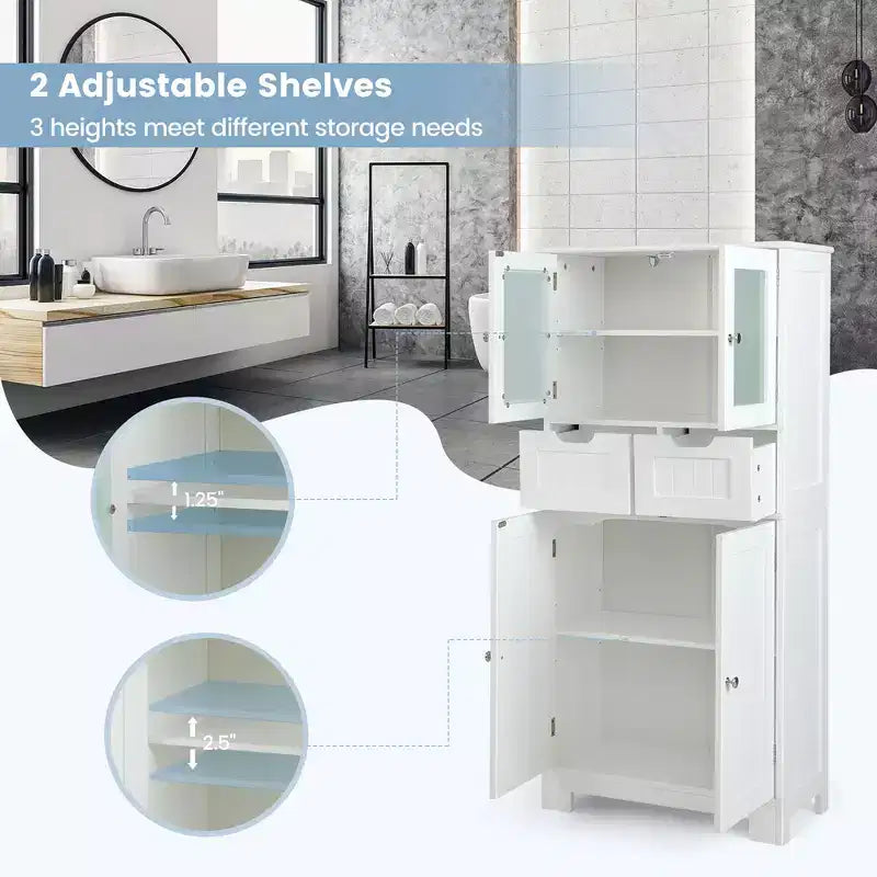 Meuble de rangement pour salle de bain Costway, Armoire de cuisine avec 2 tiroirs et portes vitrées Blanc/Gris/Noir