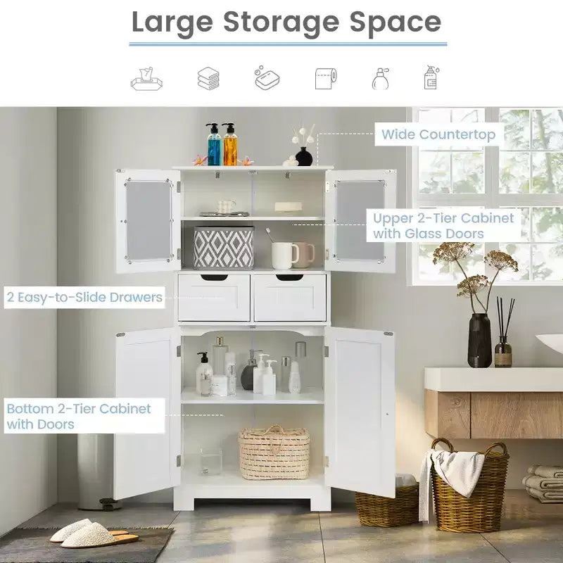 Meuble de rangement pour salle de bain Costway, Armoire de cuisine avec 2 tiroirs et portes vitrées Blanc/Gris/Noir