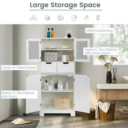 Meuble de rangement pour salle de bain Costway, Armoire de cuisine avec 2 tiroirs et portes vitrées Blanc/Gris/Noir