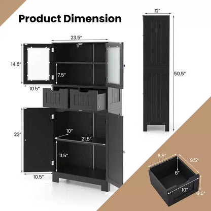Meuble de rangement pour salle de bain Costway, Armoire de cuisine avec 2 tiroirs et portes vitrées Blanc/Gris/Noir