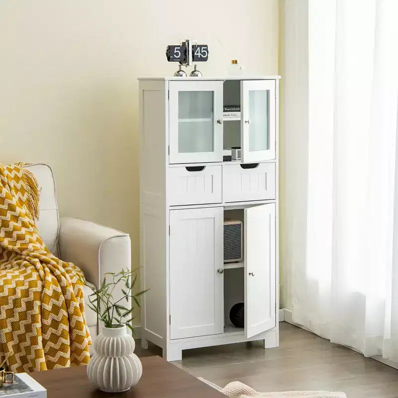 Meuble de rangement pour salle de bain Costway, Armoire de cuisine avec 2 tiroirs et portes vitrées Blanc/Gris/Noir