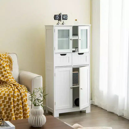 Meuble de rangement pour salle de bain Costway, Armoire de cuisine avec 2 tiroirs et portes vitrées Blanc/Gris/Noir
