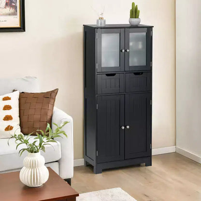 Meuble de rangement pour salle de bain Costway, Armoire de cuisine avec 2 tiroirs et portes vitrées Blanc/Gris/Noir