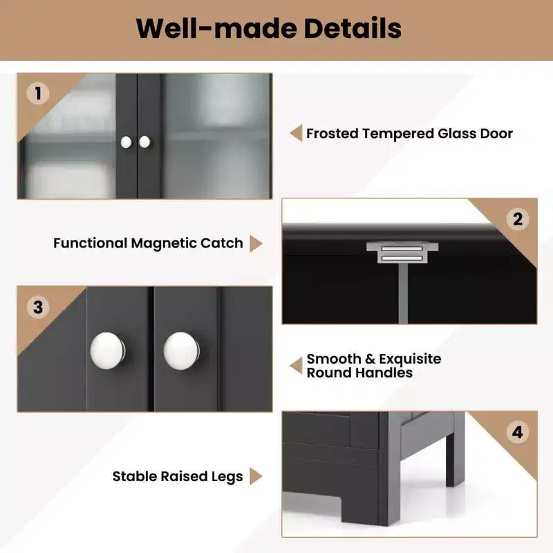 Meuble de rangement pour salle de bain Costway, Armoire de cuisine avec 2 tiroirs et portes vitrées Blanc/Gris/Noir
