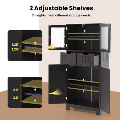Meuble de rangement pour salle de bain Costway, Armoire de cuisine avec 2 tiroirs et portes vitrées Blanc/Gris/Noir