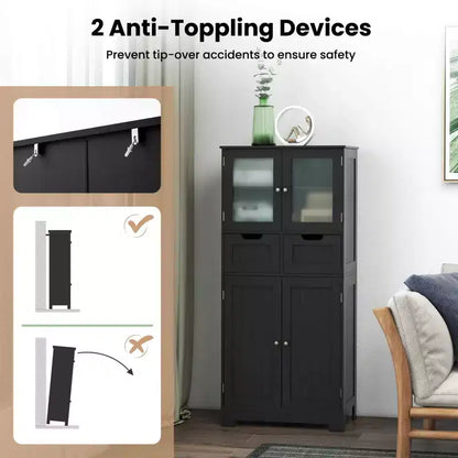 Meuble de rangement pour salle de bain Costway, Armoire de cuisine avec 2 tiroirs et portes vitrées Blanc/Gris/Noir