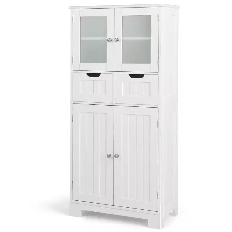 Meuble de rangement pour salle de bain Costway, Armoire de cuisine avec 2 tiroirs et portes vitrées Blanc/Gris/Noir