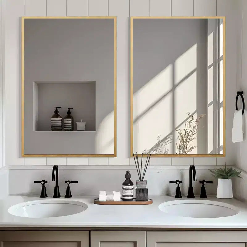 Miroir rectangulaire doré en aluminium de 91 cm avec cadre mince et angles droits, profondeur de 1,5 cm (double face)