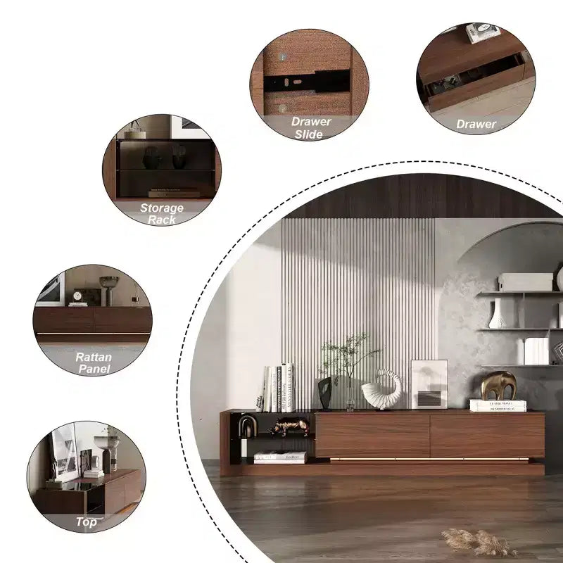 Meuble TV multifonctionnel contemporain Famapy, centre de divertissement, console multimédia avec éclairage LED réglable, tiroirs de rangement et étagères de présentation