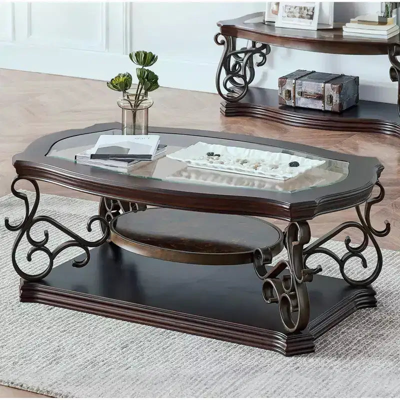 GDFStudio Perry Traditional 2-Tier Glass and Wood 52 Coffee Table with Marble Shelf