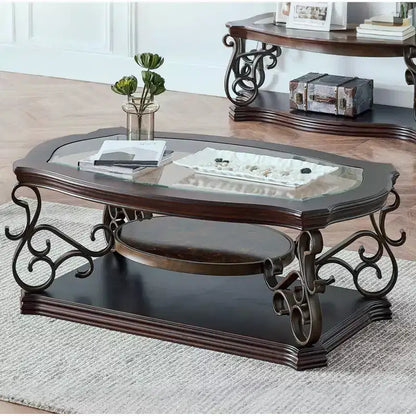 GDFStudio Perry Traditional 2-Tier Glass and Wood 52 Coffee Table with Marble Shelf