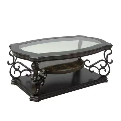 Table basse GDFStudio Perry traditionnelle à 2 niveaux en verre et bois de 52 po avec étagère en marbre