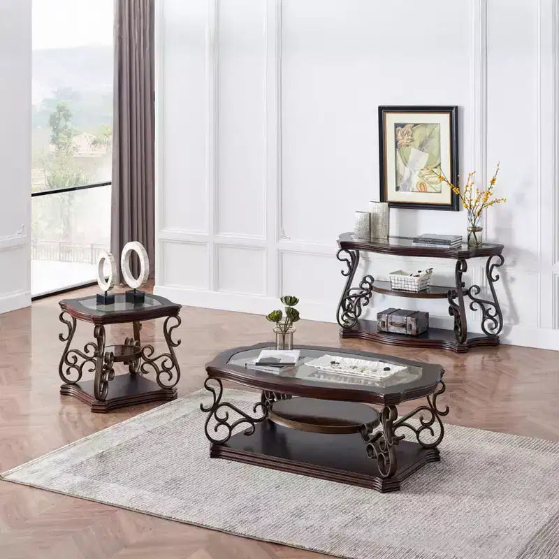 Table basse GDFStudio Perry traditionnelle à 2 niveaux en verre et bois de 52 po avec étagère en marbre
