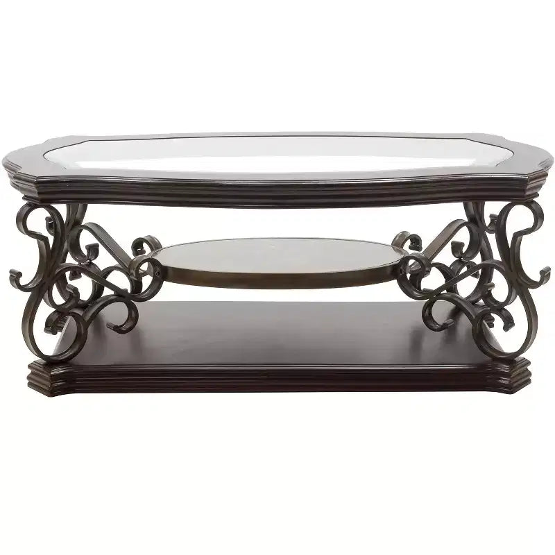 Table basse GDFStudio Perry traditionnelle à 2 niveaux en verre et bois de 52 po avec étagère en marbre