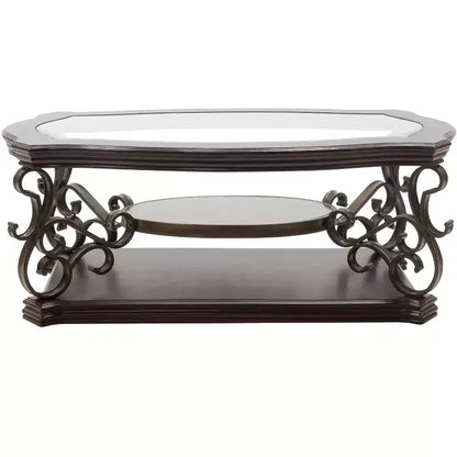 Table basse GDFStudio Perry traditionnelle à 2 niveaux en verre et bois de 52 po avec étagère en marbre