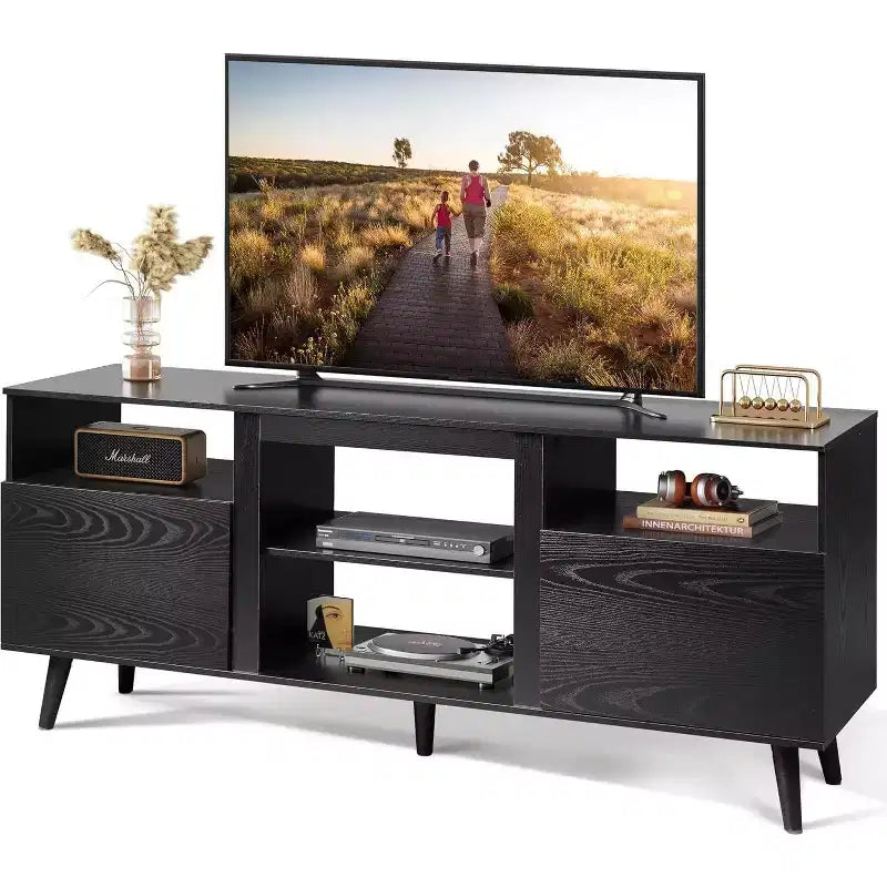 Meuble TV GALAXHERO moderne du milieu du siècle pour téléviseurs jusqu'à 65 pouces, console TV, centre de divertissement à étagères ouvertes pour salon et chambre, noir