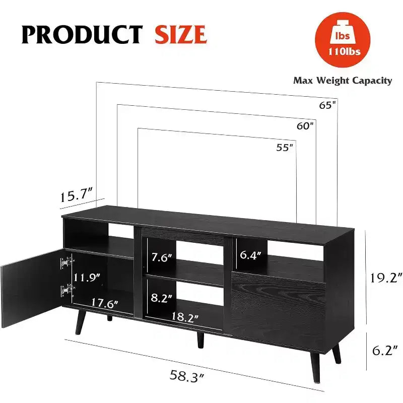 Meuble TV GALAXHERO moderne du milieu du siècle pour téléviseurs jusqu'à 65 pouces, console TV, centre de divertissement à étagères ouvertes pour salon et chambre, noir