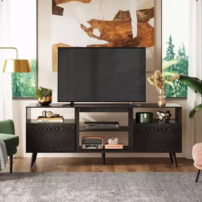 Meuble TV GALAXHERO moderne du milieu du siècle pour téléviseurs jusqu'à 65 pouces, console TV, centre de divertissement à étagères ouvertes pour salon et chambre, noir