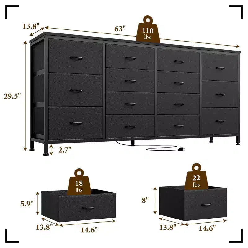 Commode large de 160 cm avec 14 tiroirs en tissu, ports USB intégrés, unité de rangement multifonctionnelle pour la télévision, la chambre, le salon ou le bureau