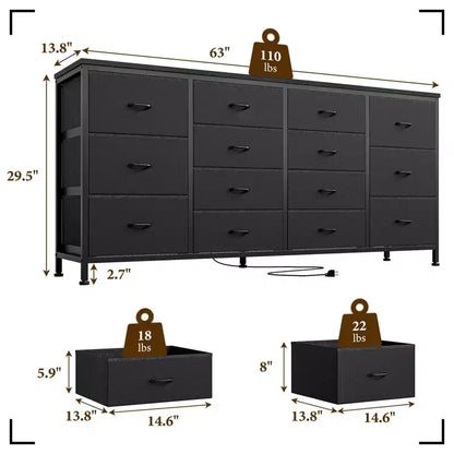 Commode large de 160 cm avec 14 tiroirs en tissu, ports USB intégrés, unité de rangement multifonctionnelle pour la télévision, la chambre, le salon ou le bureau