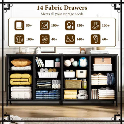 Commode large de 160 cm avec 14 tiroirs en tissu, ports USB intégrés, unité de rangement multifonctionnelle pour la télévision, la chambre, le salon ou le bureau